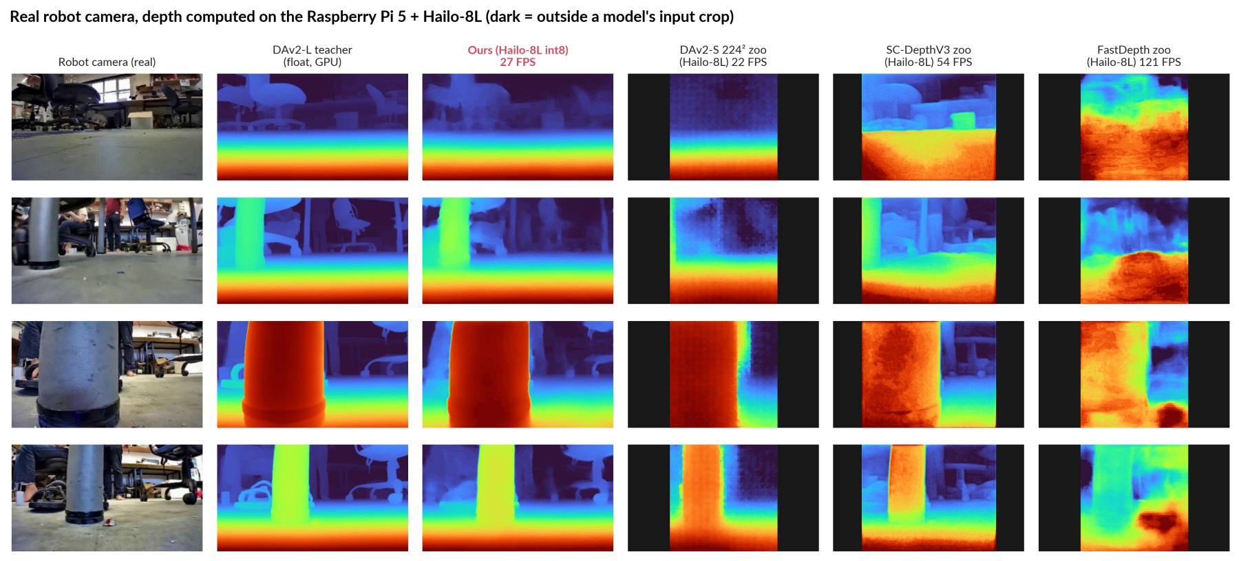 Depth on real robot frames computed on the Hailo-8L by every model, against the float teacher